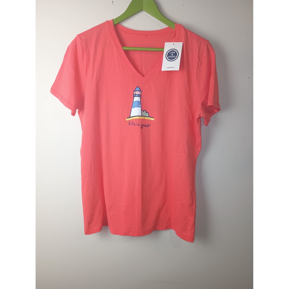 Life is Good Womens Morning Orange Lighthouse Graphic V-Neck T-Shirt M NWT